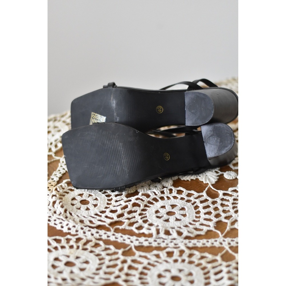 Black Strappy Square Toe Block Heel Sandals Size 40 Ankle Strap Dress Shoes - Picture 7 of 8
